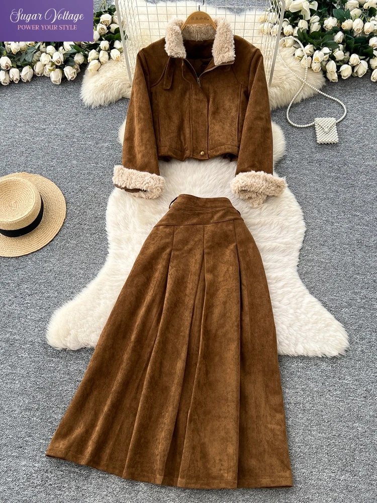 

Винтажный шикарный замшевый флисовый комплект из двух предметов, женская короткая куртка с нечеткими лацканами + плиссированная макси-юбка с высокой талией, мягкий элегантный однотонный наряд