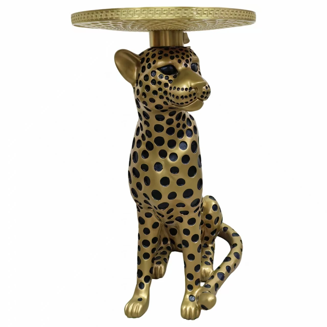 Luxury Home Resin Painted Fashion Animal-Themed Spotted Leopard Sculpture Ornament with Copper Tray Christmas Home Decor