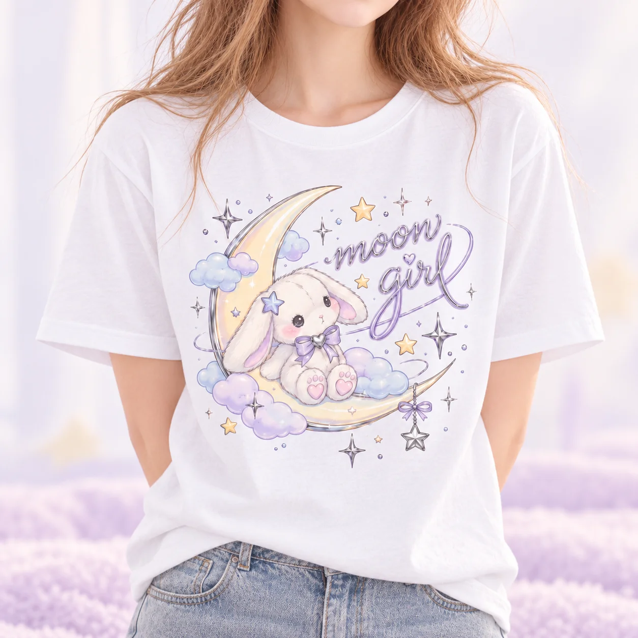 100% Pure Cotton Moon Girl Kawaii Bunny On Crescent Moon Graphic T Shirt Women Pastel Cute Tee For Daily Casual Summer Wear