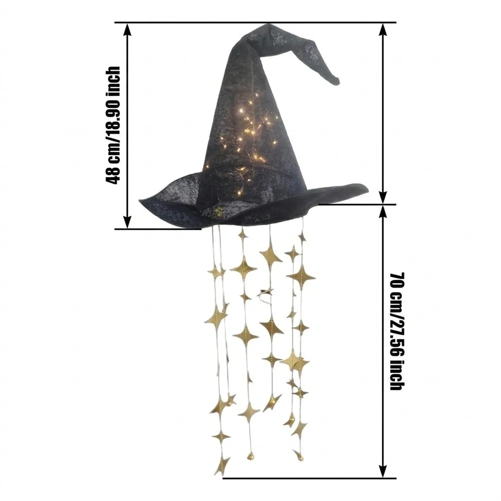 Light-Up Witch Hat Wind Chime With LED 48in Hanging Halloween Ornament Shimmering Star Mobile For Porch Patio Garden Decor