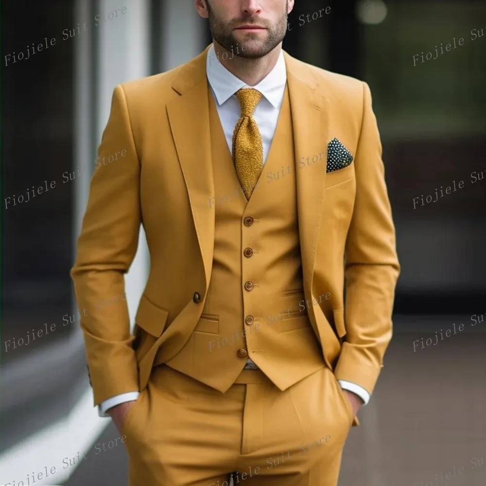 

New Yellow Formal Occasion Men Suit Business Tuxedos Groom Groomsman Wedding Party Prom Male 3 Piece Set Blazer Vest Pants