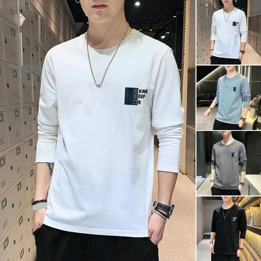 Men Polyester T-shirt Men's Long Sleeve Round Neck T-shirt with Letter Print Soft Breathable Pullover for Fall Spring Top