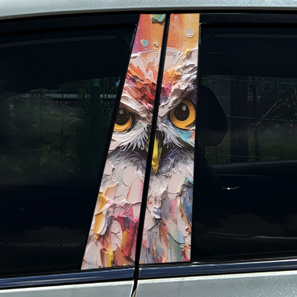 2PCS Colorful Art Owl Car Window Pillar Sticker Split B-pillar Decal Waterproof PVC Auto Styling Vehicle Decoration