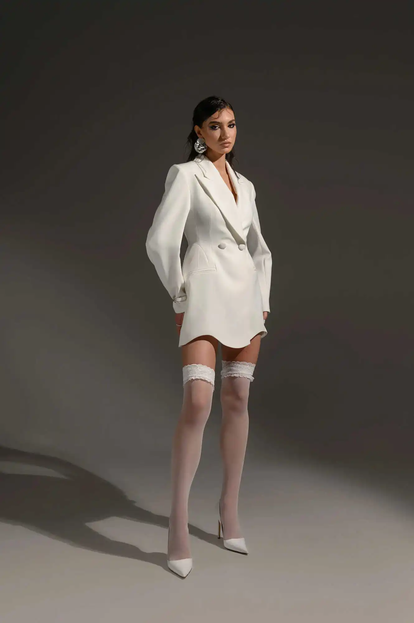 Elegant Women's Oversized Blazer Dress Double-Breasted Metal Cuff Detail Asymmetrical Hem for Formal Party Event Customized
