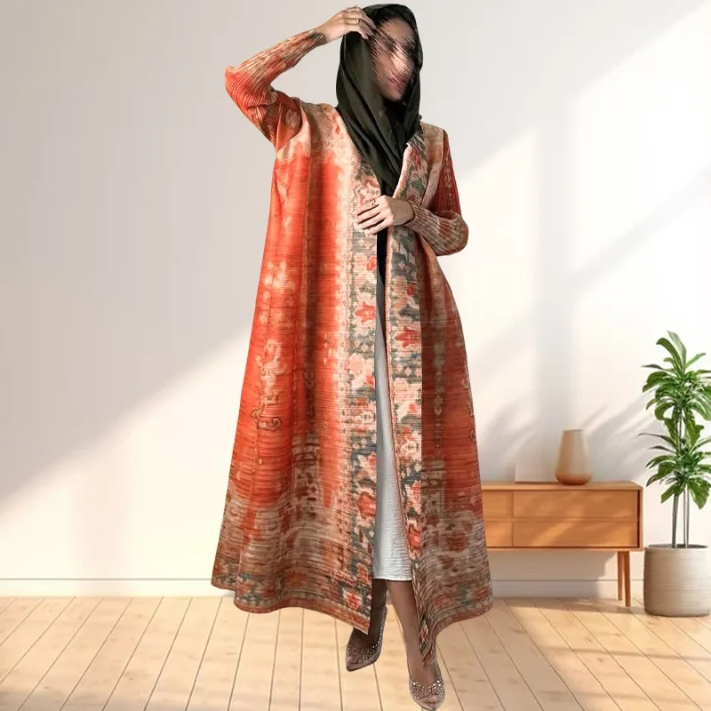 

Dubai Luxury Abaya Robe Miyake Pleated Printed Long Jacket Elegant Women's Evening Prom Dresses Cardigan Robe Plus Size Clothing