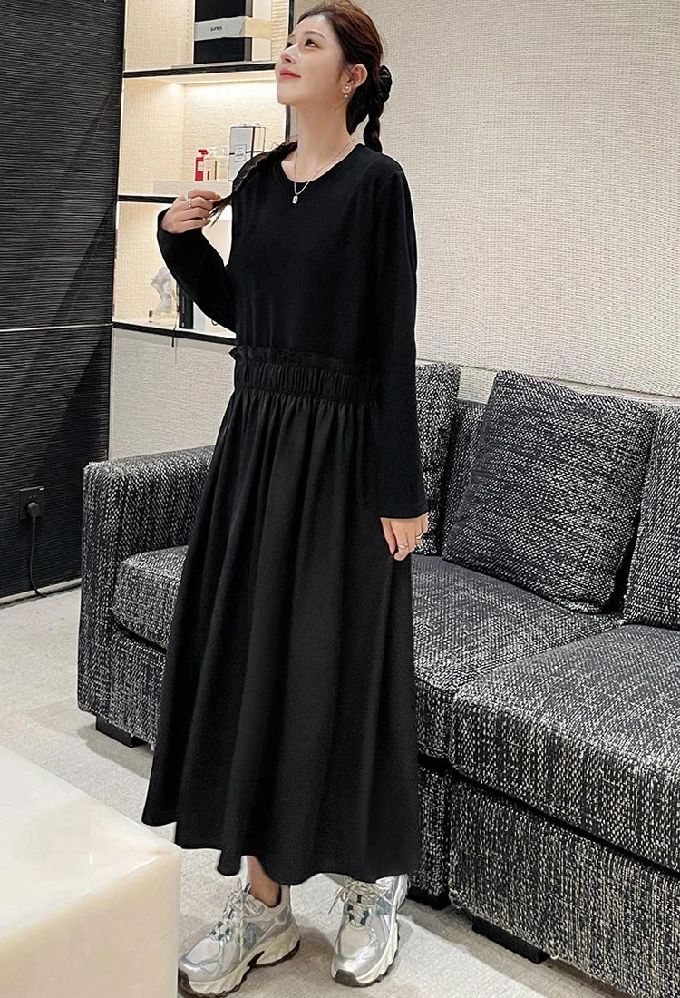 NYFS 2024 Autumn New Korea Woman Dress Vestidos Robe Elbise Loose Plus Size Patchwork Acetate Satin Hem Sleeve Long Dresses