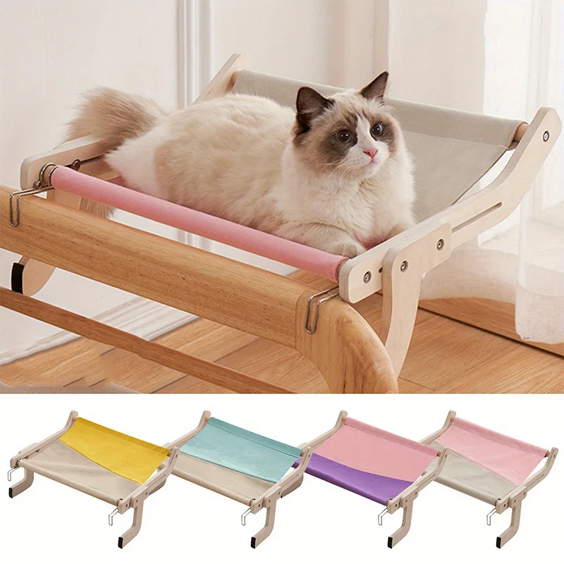 Cat Hanging Bed Sturdy Cat Hammock, Wood Frame with Cotton Canvas Sheet, Easy to Adjust Cat Bed Hanging for Bedside, Windowsill,