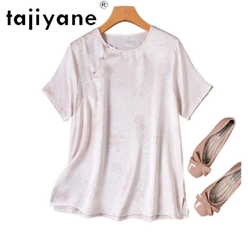 

TAJIYANE 100% Натуральный шелк тутового шелкопряда Женские футболки Розовая жаккардовая атласная футболка Новинка в китайском стиле Летние топы Женская одежда 2026 топ
