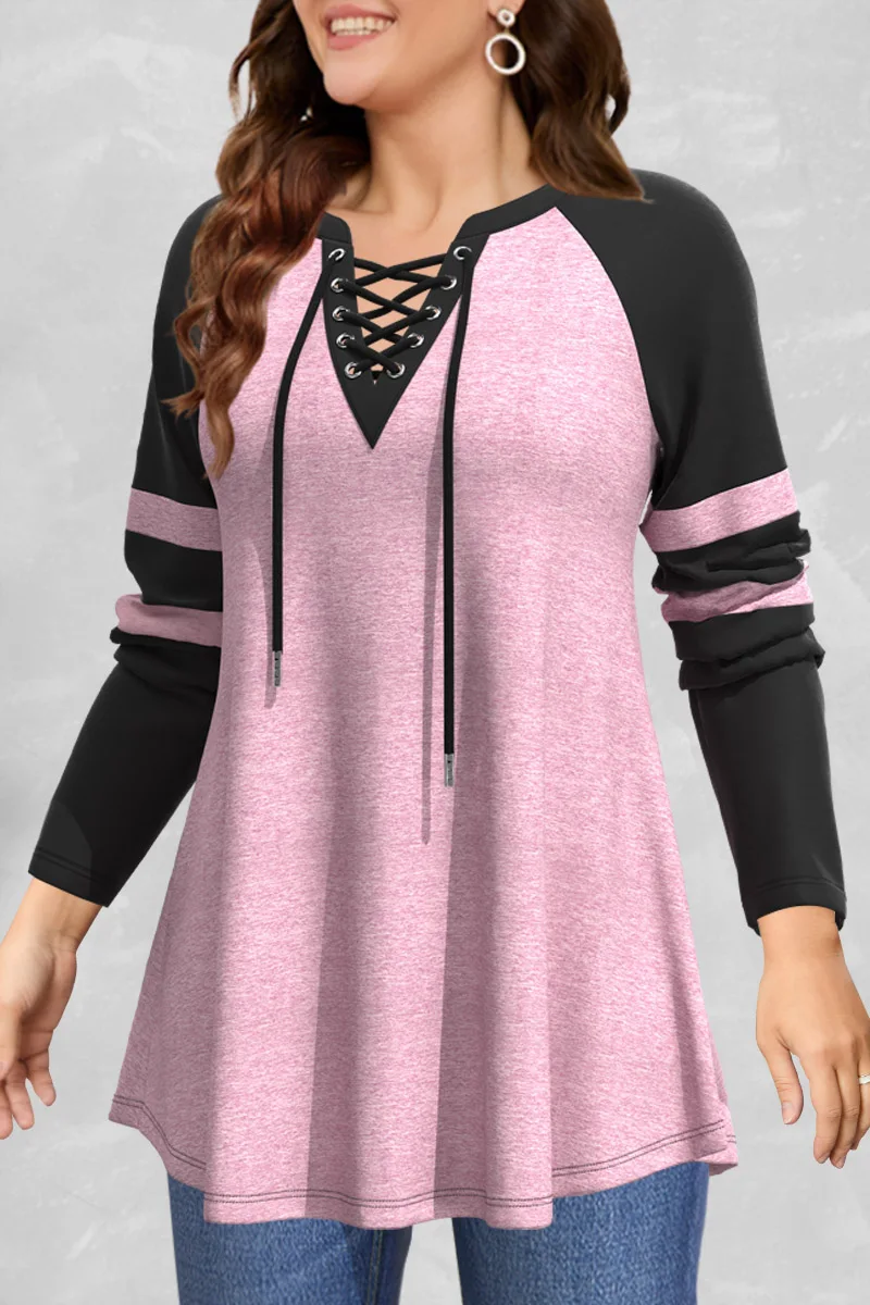 เสื้อยืดไซส์พิเศษลูกไม้แบบปะติดแขนยาวสำหรับผู้หญิงเสื้อยืดเสื้อยืดธรรมดาวินเทจลำลองทรงเอไลน์สำหรับฤดูใบไม้ร่วง