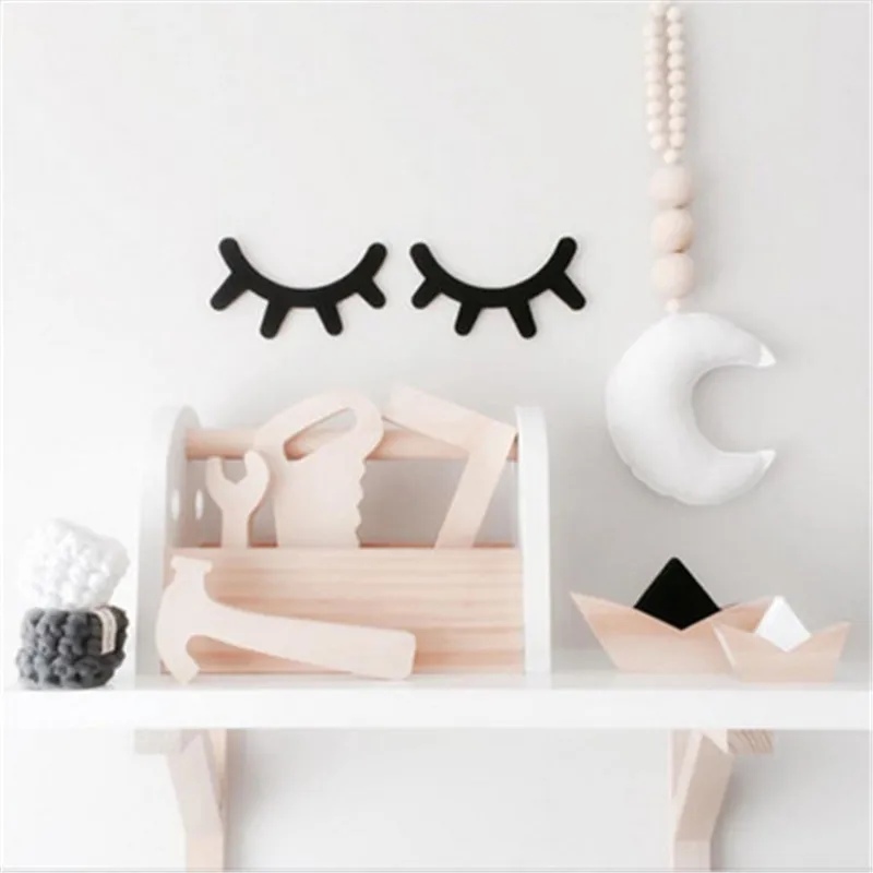 2PCs Ins Nordic Wood Eyelashes Cartoon 3D Wall Sticker DIY Children Bedroom Props Home Living Room Decoration 15*11cm