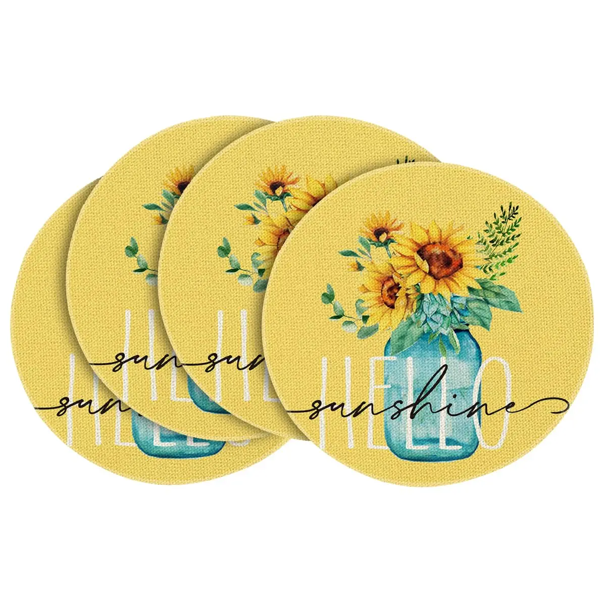 

Yellow Sunflower Vase Summer Round Placemats Set of 4, 15 Inch Summer Round Table Mats for Dining Decoration
