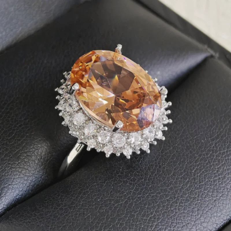 Champagne Colored Oval Zircon Ring, New Trendy High-end Design, Trendy Flowing Banquet, Luxurious and Elegant Women's Jewelry