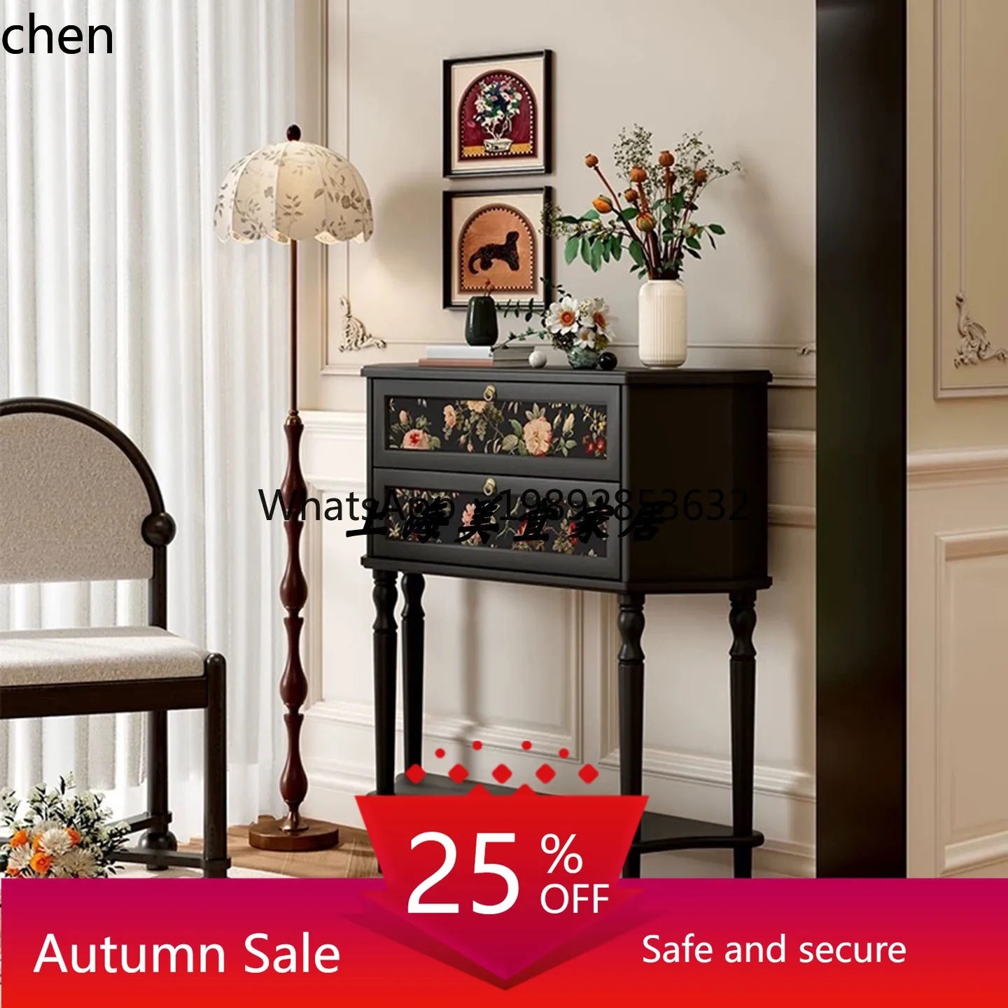 

hand-painted solid wood entry porch cabinet, storage, wall-decorated side cabinet