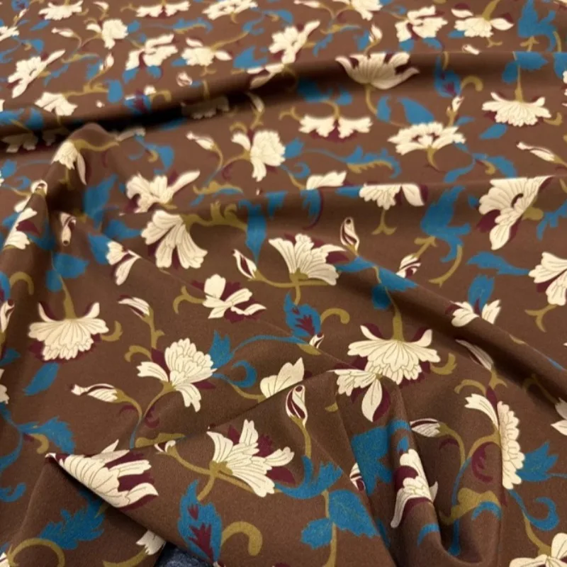 Thin Brown Silk Crepe de Chine Fabric with White Blue Floral for DIY Sewing Summer Dress Pants Skirt Pajamas Silk Fabric R2525 view 3