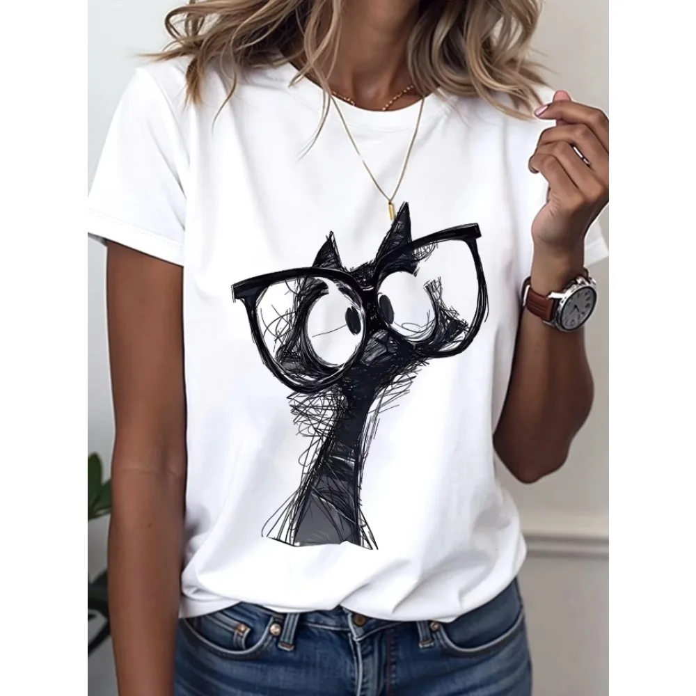 Scribble Art Cat With Big Glasses Graphic Tee, Sketch Style Portrait Print, Women Casual Crew Neck Cotton Short Sleeve T-shirt