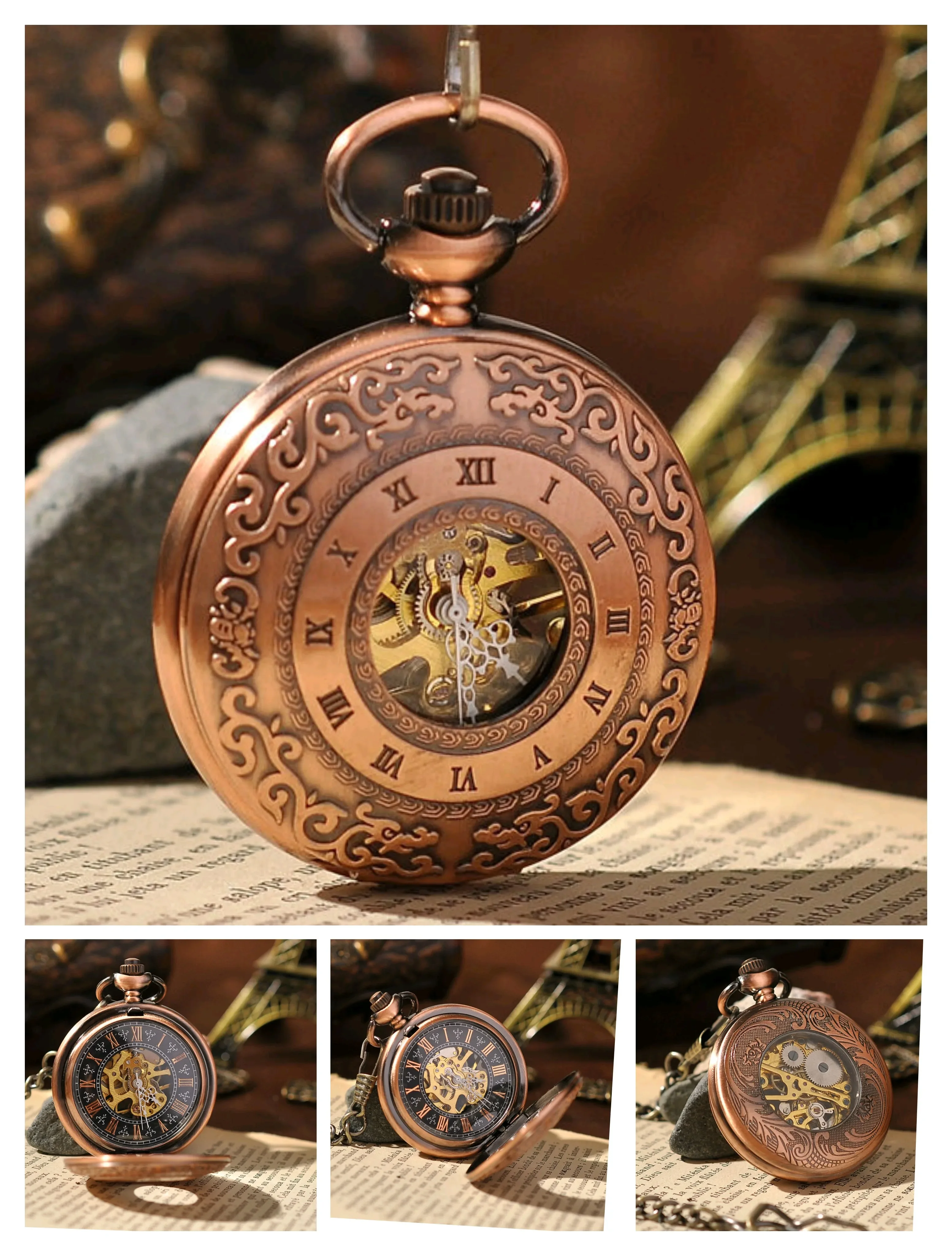 

Copper Tone Steampunk Skeleton Hollow Case Black Dial Roman Number Mens Hand Wind Mechanical Movement Pocket Watch w/ Fob Chain