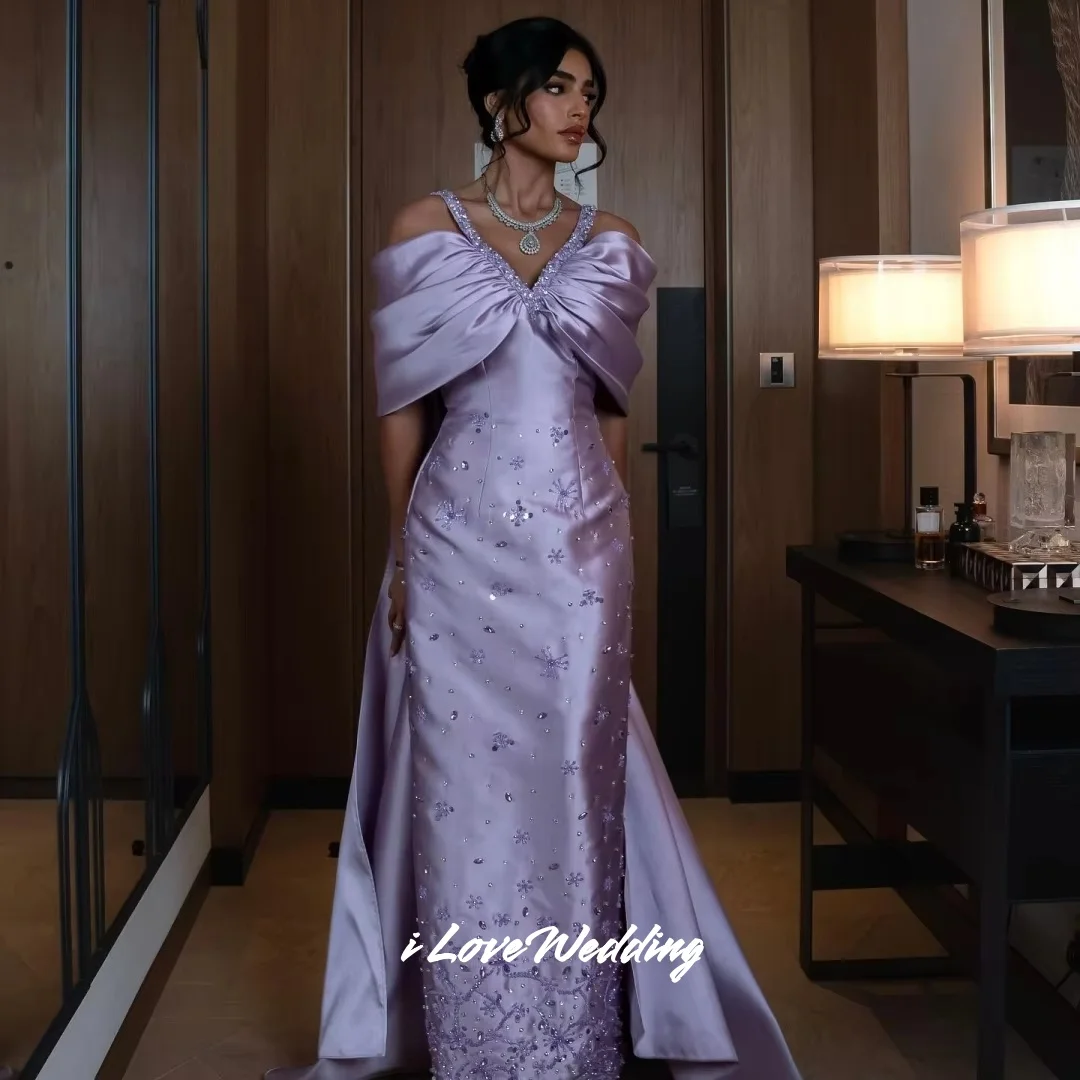 Purple Spaghetti Strap Mermaid Prom Dresses V-neck فساتين سهرات Off the Shoulder Beading Trailing Pleated Customized