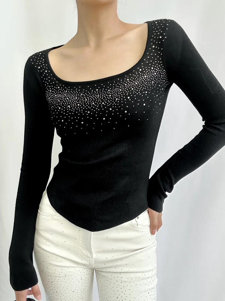 

Elegant U-Neck Diamond Heat Pressed Base Shirt Women's Spring Autumn Winter Slimming Inner Knitted Top High Quality Pure Desire