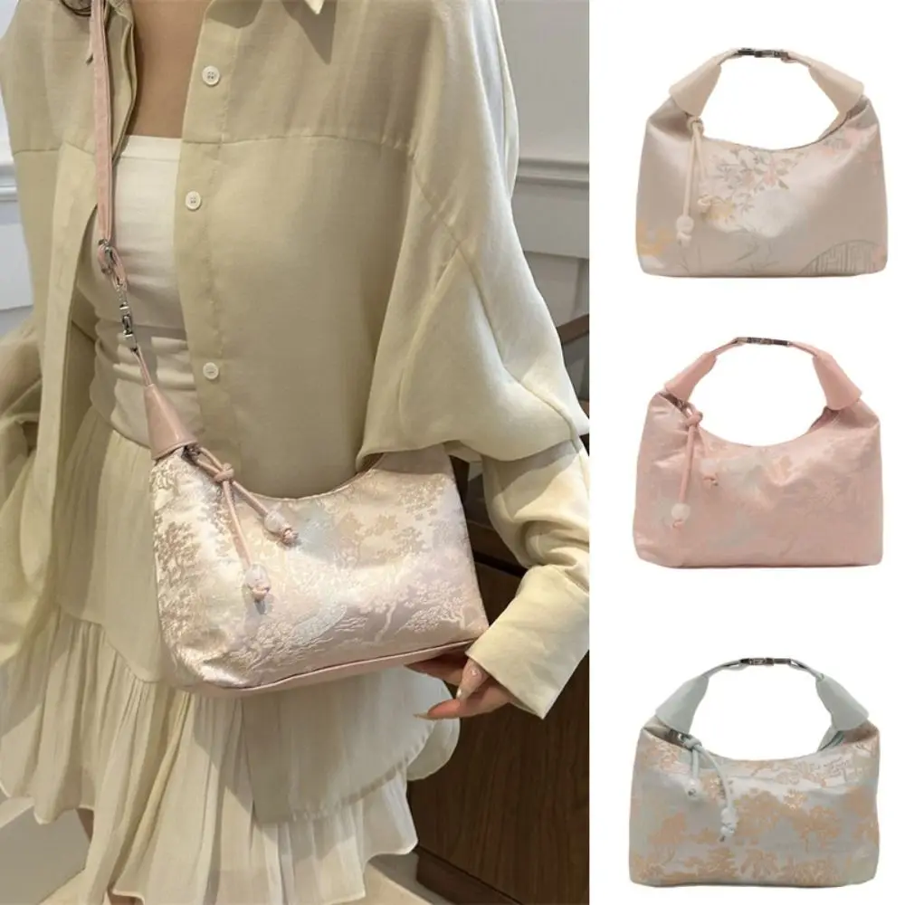 

Sweet Embroidery Shoulder Bag Small Nylon Texture Armpit Bag Pearl Pendant Crossbody Bag Women Girl