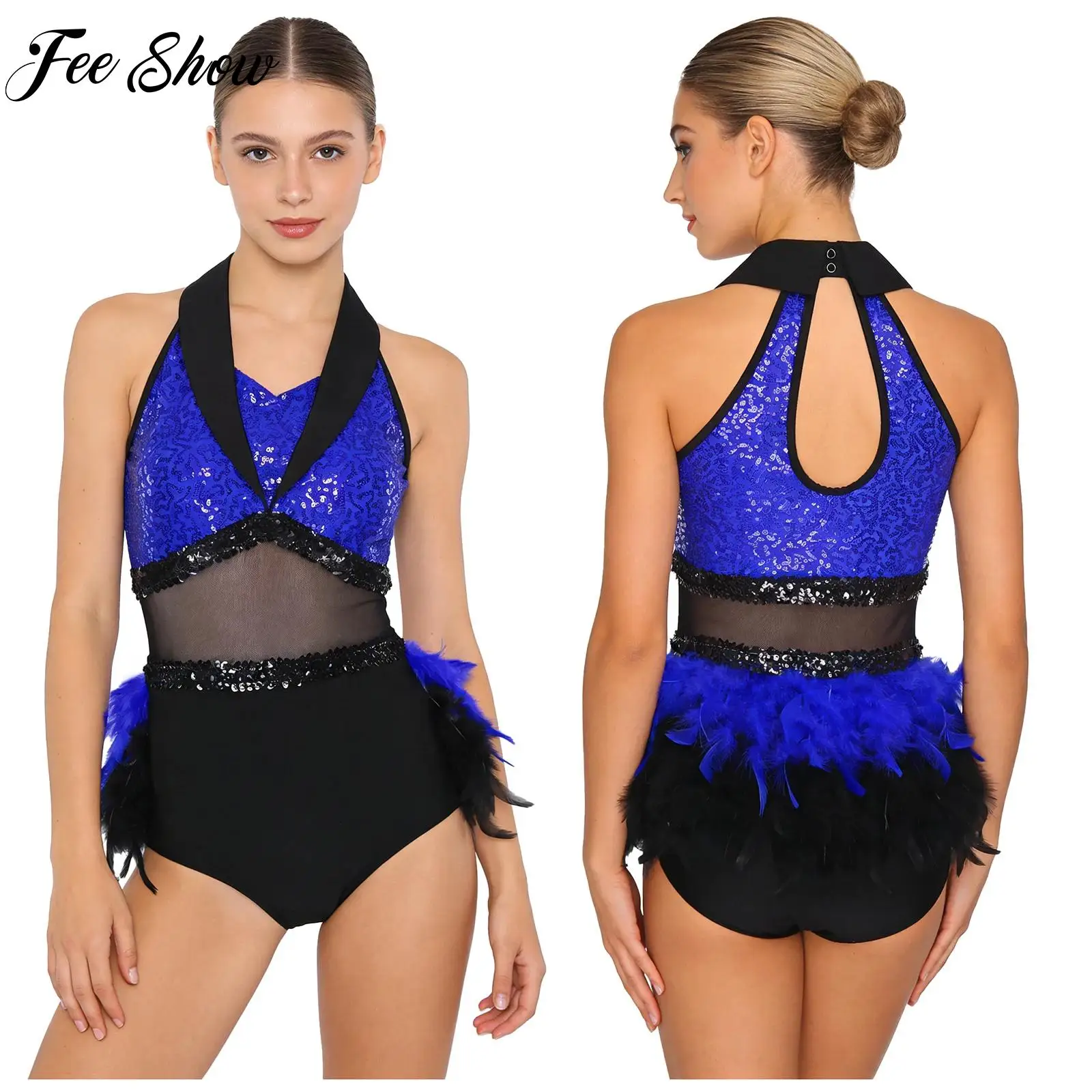 

Взрослые женские гимнастические джазовые купальники для латинских танцев без рукавов с блестками и перьями боди для катания на коньках Румба Ча-ча танцевальная одежда для выступлений