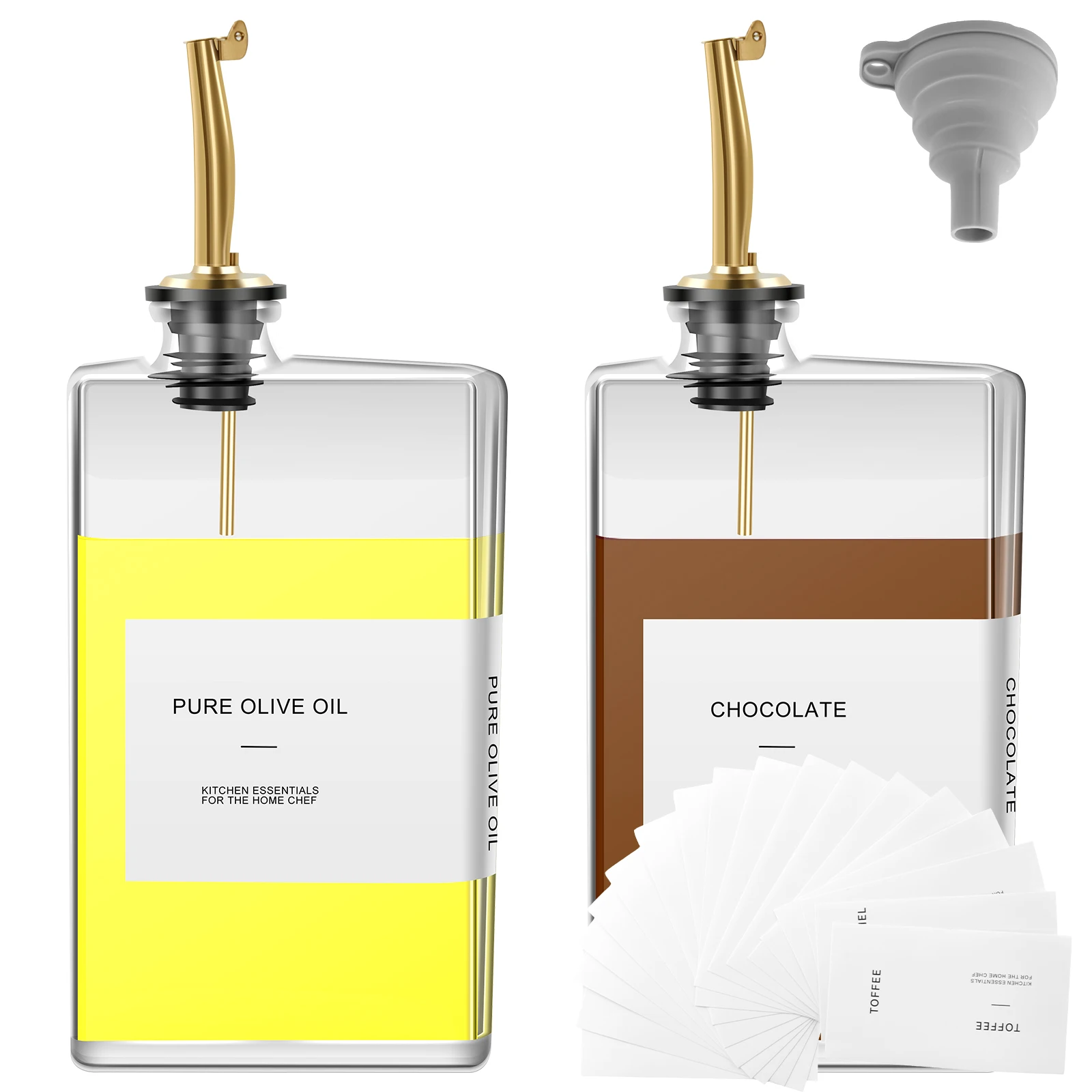 2Pcs 500ml Olive Oil Dispenser Bottle Glass Oil Dispenser Rectangular Cooking Dispenser Transparent Olive Oil Bottle WIth Labels