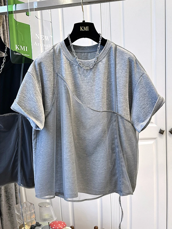 YuFei Station Irregular Mesh Splicing Short Sleeve T-Shirt Women's Top Personalized Super Popular Summer Wear Casual Style Lo...