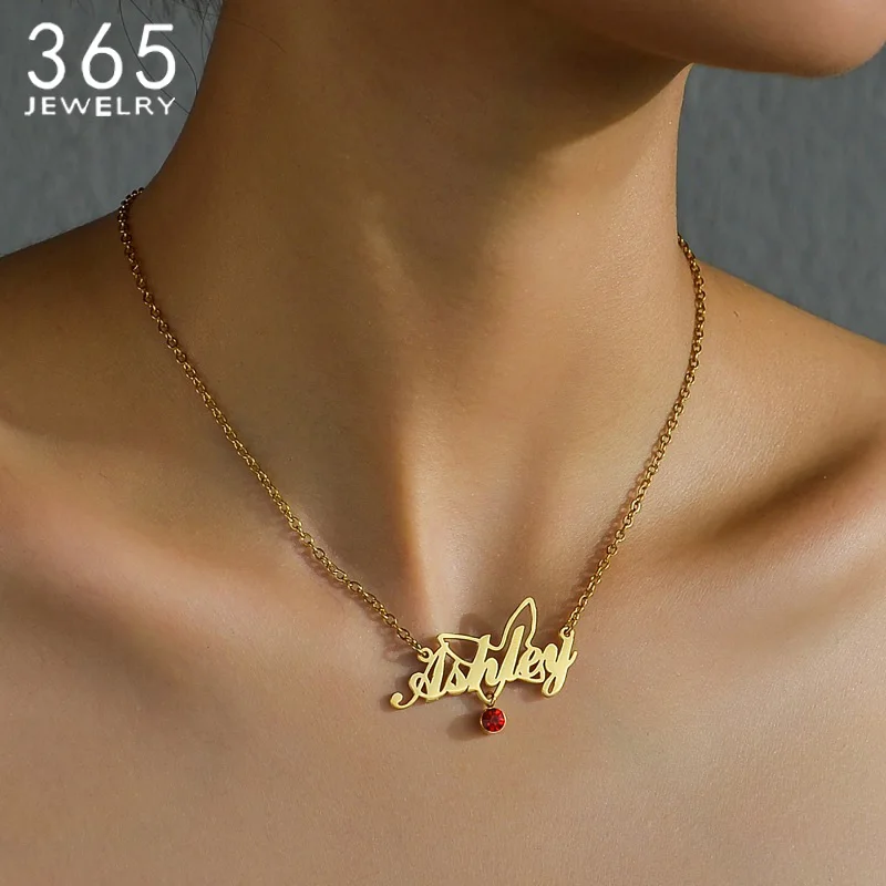 

365 Custom Name Necklace With Birthstones Stainless Steel Personalized Charming Pendant Jewelry For Women Girls Christmas Gifts
