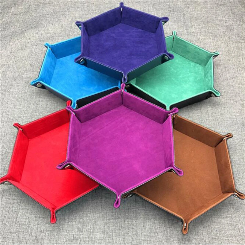 Rolling Folding Hexagon Dice Game Storage Tray PU Leather&Velvet Mat Holder Double Sided Thick Office Supplies Storage Tools