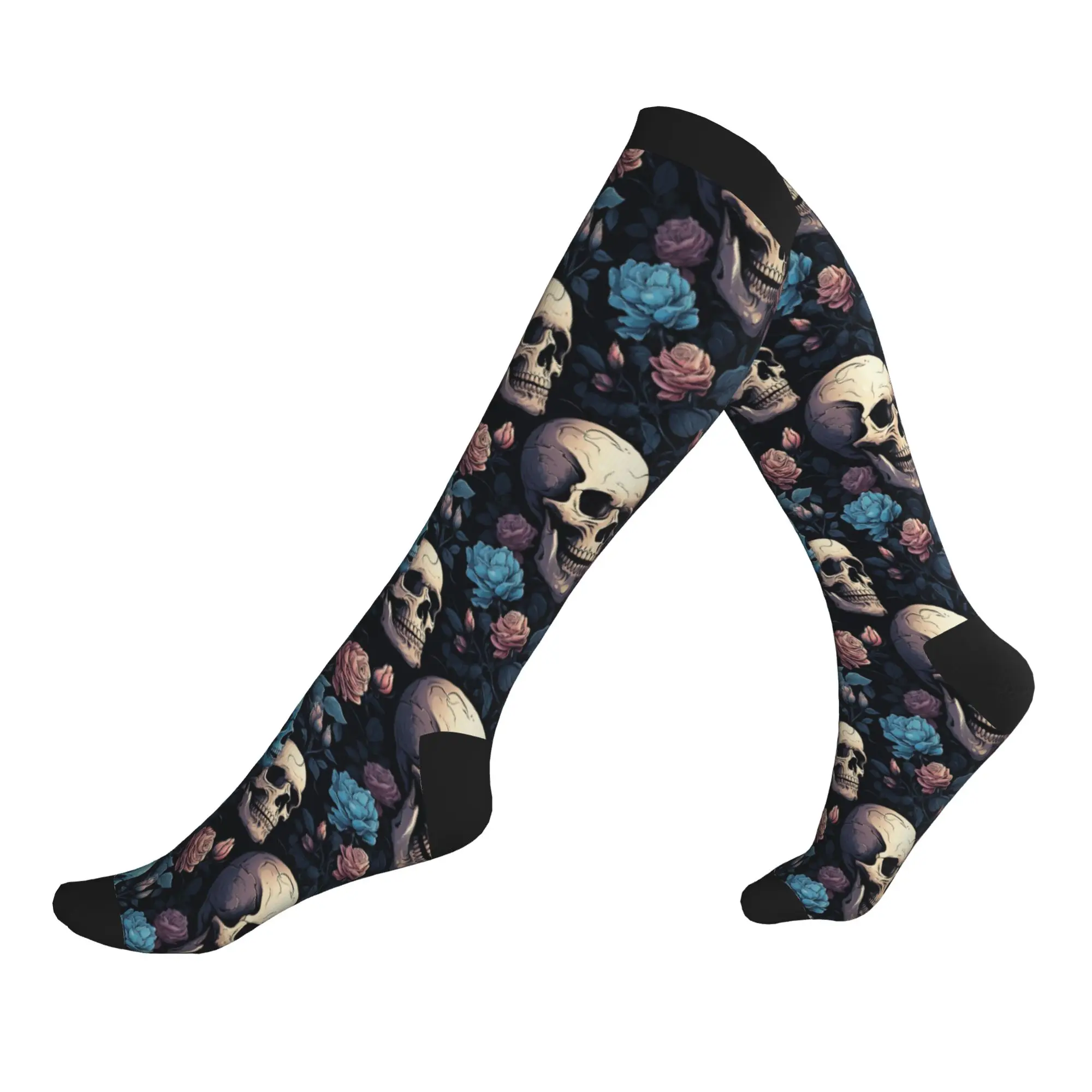 Novelty Printed Gothic Skeleton Skull Floral Socks for Women Men Stretchy Summer Autumn Winter  Sports Compression Socks