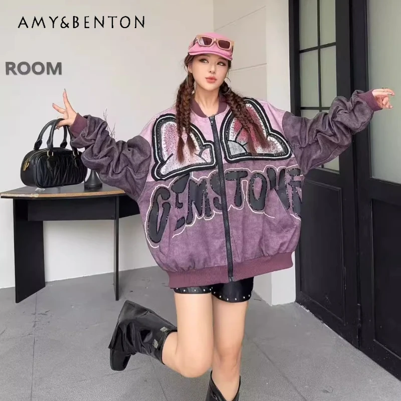 

Autumn New Heavy Industry Printed Cartoon Pattern Casual Jacket Women's Loose Fit Versatile Youthful Zipper Top Coat Jaquetas