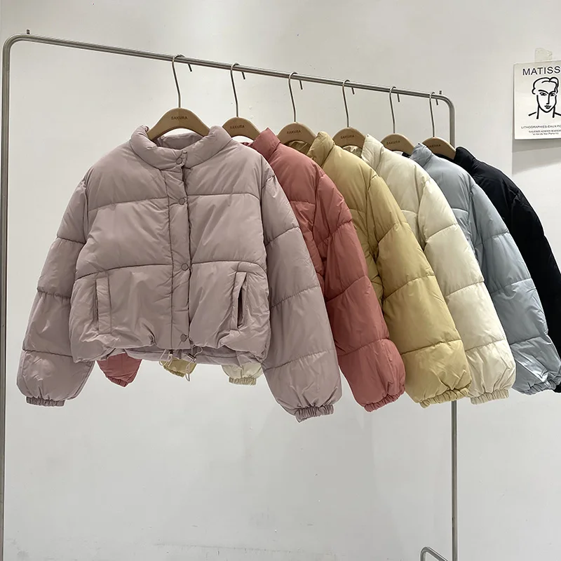 Sweet Fashion Beige Cotton Jacket for Women Autumn Winter Korean Solid Color Stand Collar Drawstring Warm Coat Female Outwear