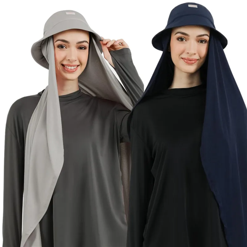 Summer Women Bucket Hat New Muslim Chiffon Hijabs Conjoined Body Sunscreen Shawl Sports Cap Chiffon Hijab Headscarf For Ladies