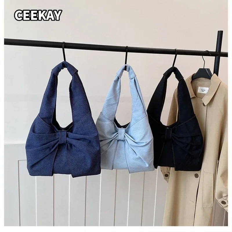 CEEKAY Washed Denim Hobo Underarm Tote Bag Large Three-dimensional Bow Decor Integrated Denim Long Shoulder Strap Magnetic Snap - view 6