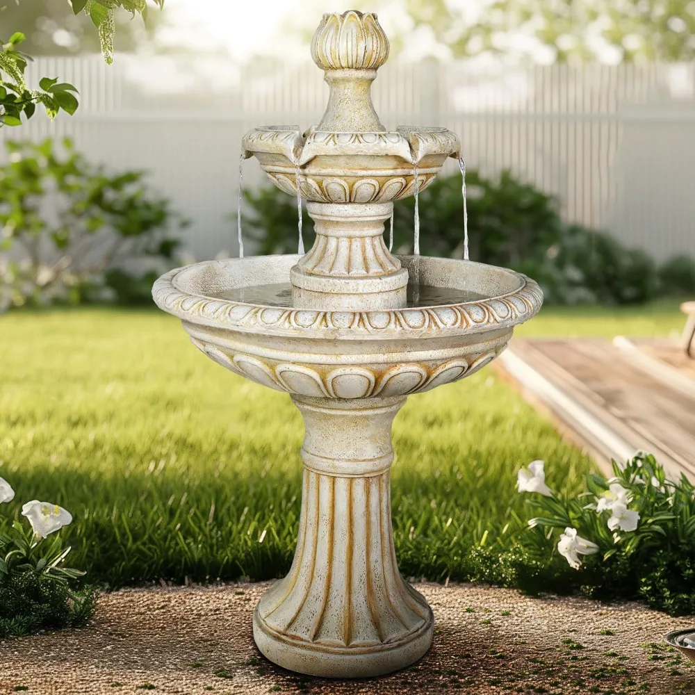 

40.5" High 3-Tiers Modern Concrete Outdoor Water Fountain - Round Large Outdoor Fountains and Waterfalls for Garden, Patio, Yar
