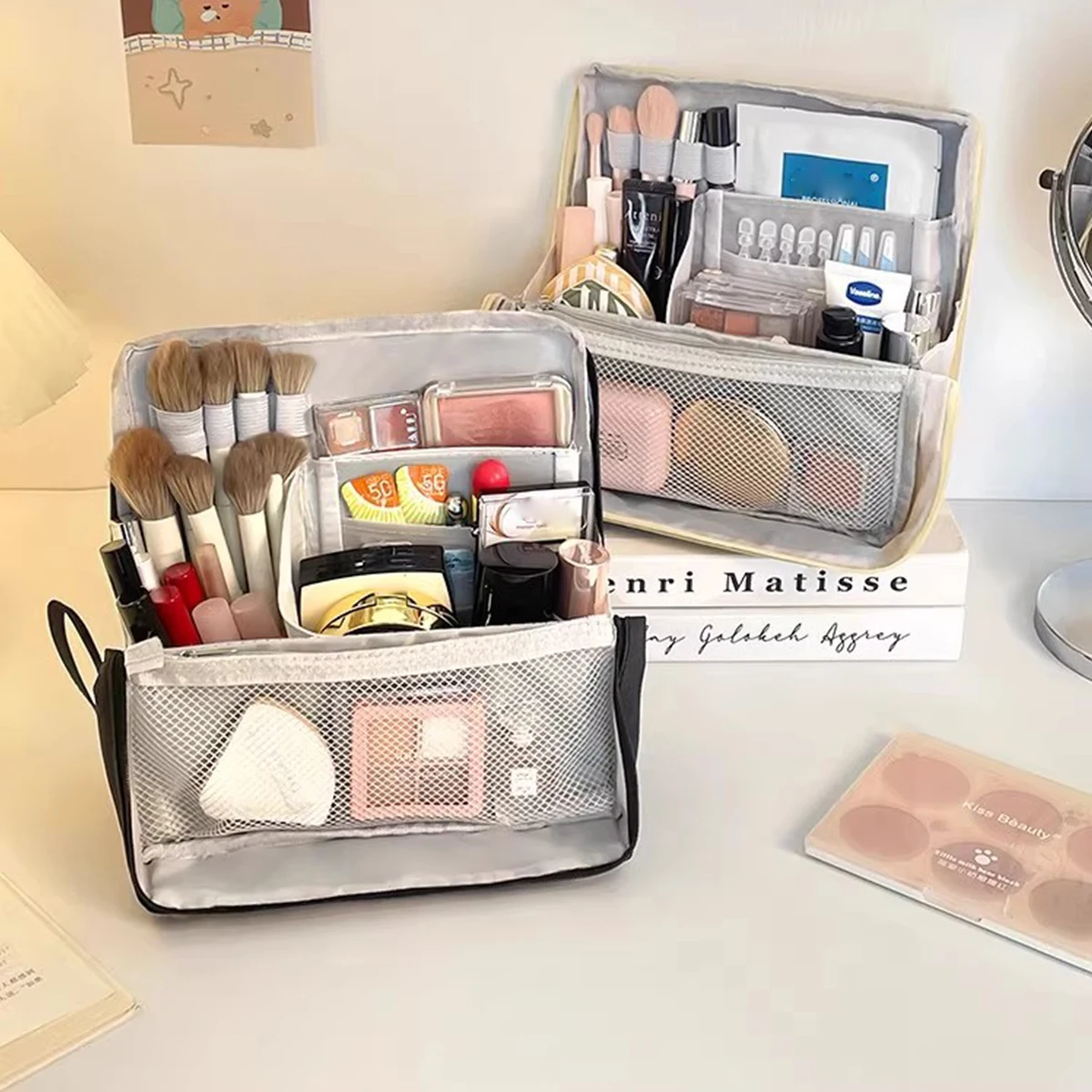 Bolsa de cosméticos plegable de formato dividido, organizador portátil de viaje para aseo y almacenamiento, brochas de maquillaje de gran capacidad y bolsas de belleza