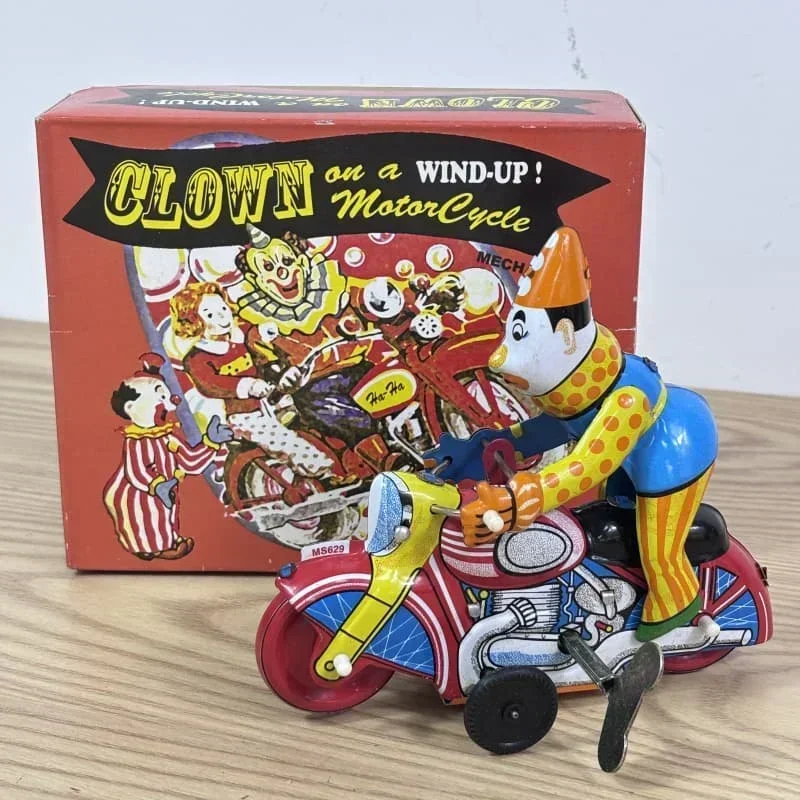 [ตลก] คอลเลกชันสําหรับผู้ใหญ่ Retro Wind up ของเล่นโลหะดีบุก Clown บน moroncycle แสดง acrobatics Clockwork ตัวเลขของเล่น vintage ของเล่น