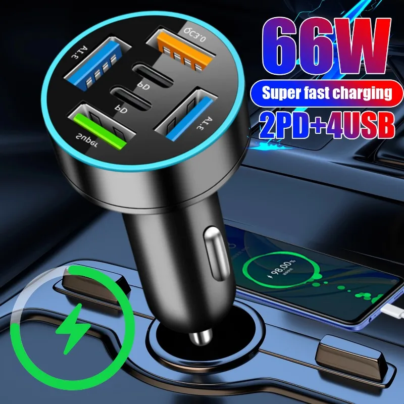 New Digital Display Car with 4USB+2PD Car Charger 66w Fast Charging Car Mobile Phone Adapter PD Mobile Phone Charging Head