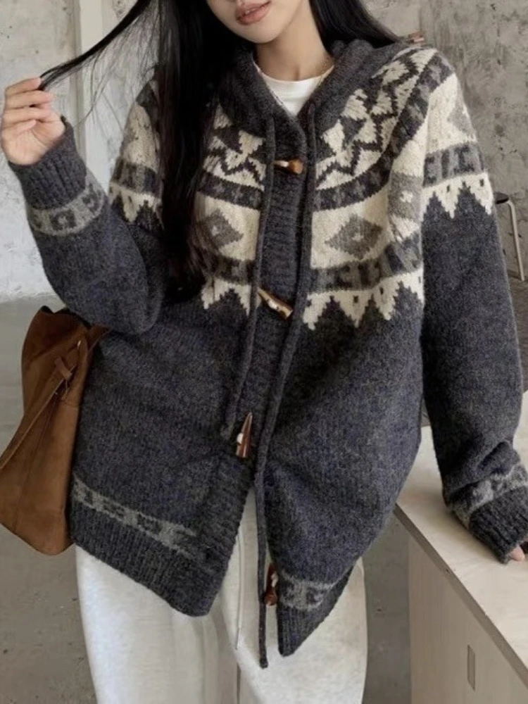

Hikigawa Chic Fashion Women Vintage Jacquard Hooded Sweaters Autumn Casual Loose All Match Knitted Cardigan Coats Mujer