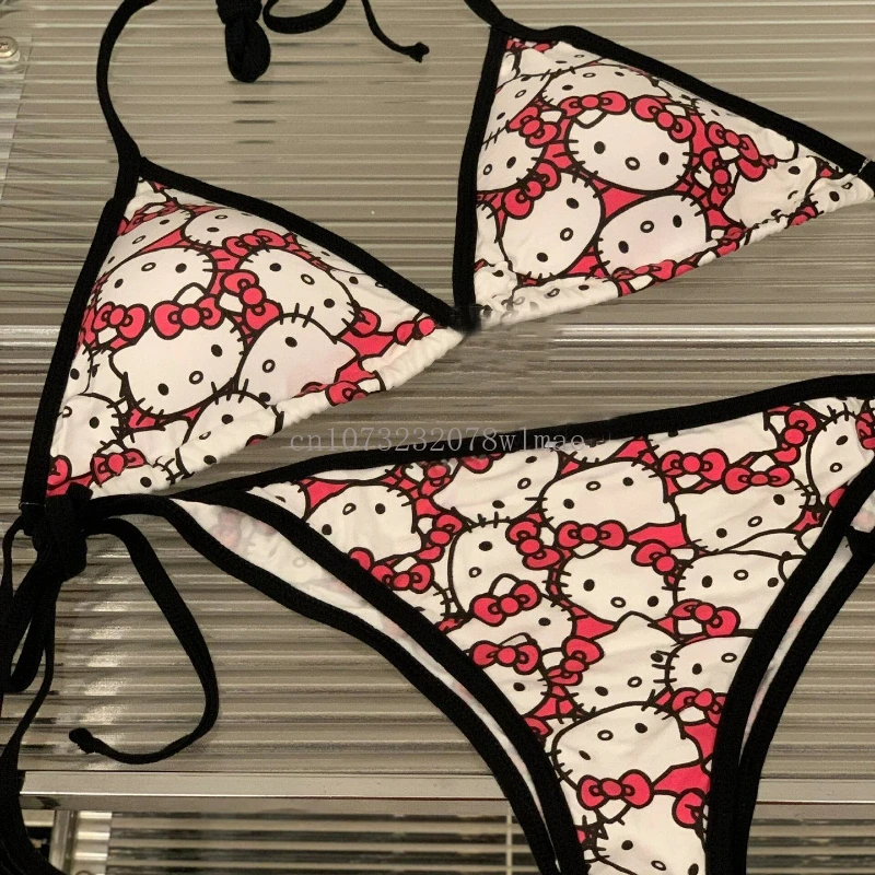 Conjunto de biquíni Sanrio Hello Kitty para mulheres, calcinha de praia Anime, maiô Kuromi, moda praia verão, desenhos animados bonitos, Y2k, sexy