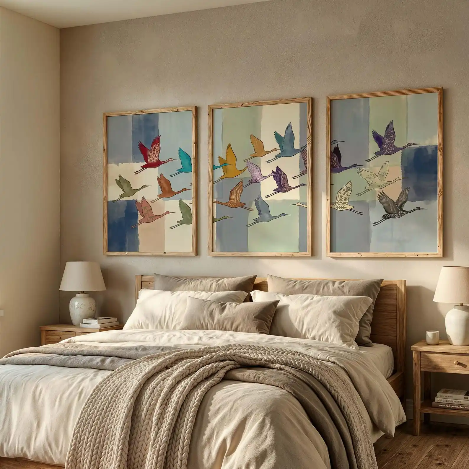 3-teiliges Set Japanische Fliegende Kraniche Leinwand-Wandkunst Poster, Abstrakte Pastellfarbene Japandi Triptychon-Drucke für Wohnzimmer- und Schlafzimmerdekoration