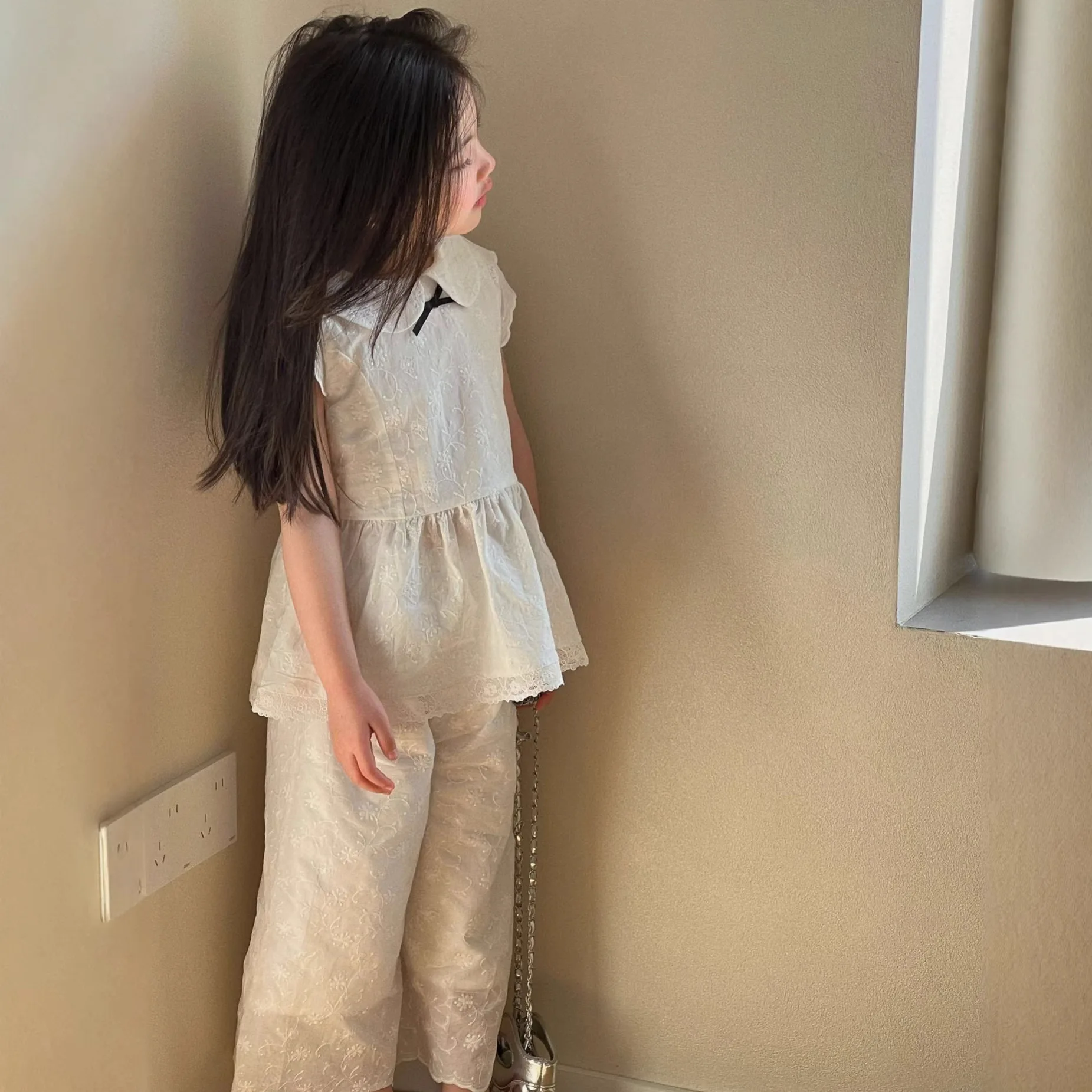 

2026 Spring and Summer New Children's Clothing Korean Children's Cotton Lace Korean Girls Doll Collar Lace Flying Sleeve Set