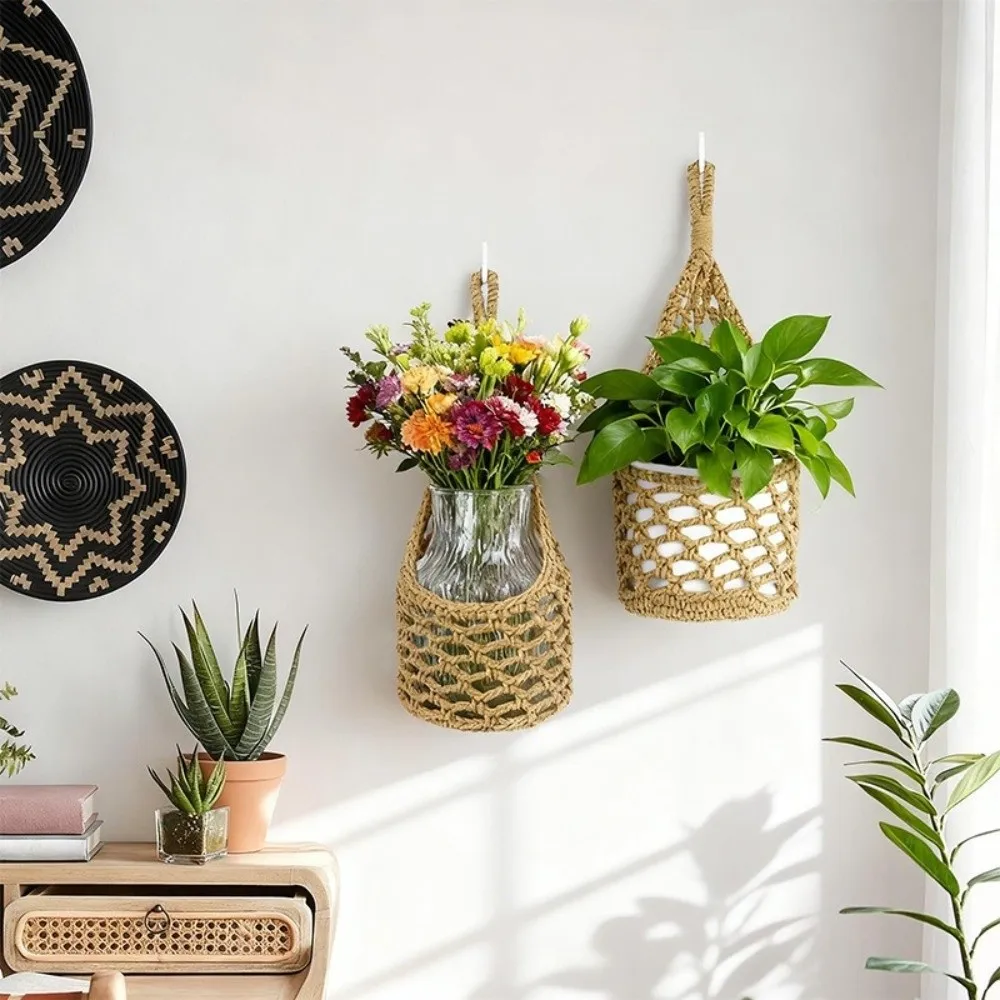 Boho Macrame Wall Plant Hanger Cotton Hollowed-out Hanging Basket Woven for 4 Inch Pots Fruit Net Bag