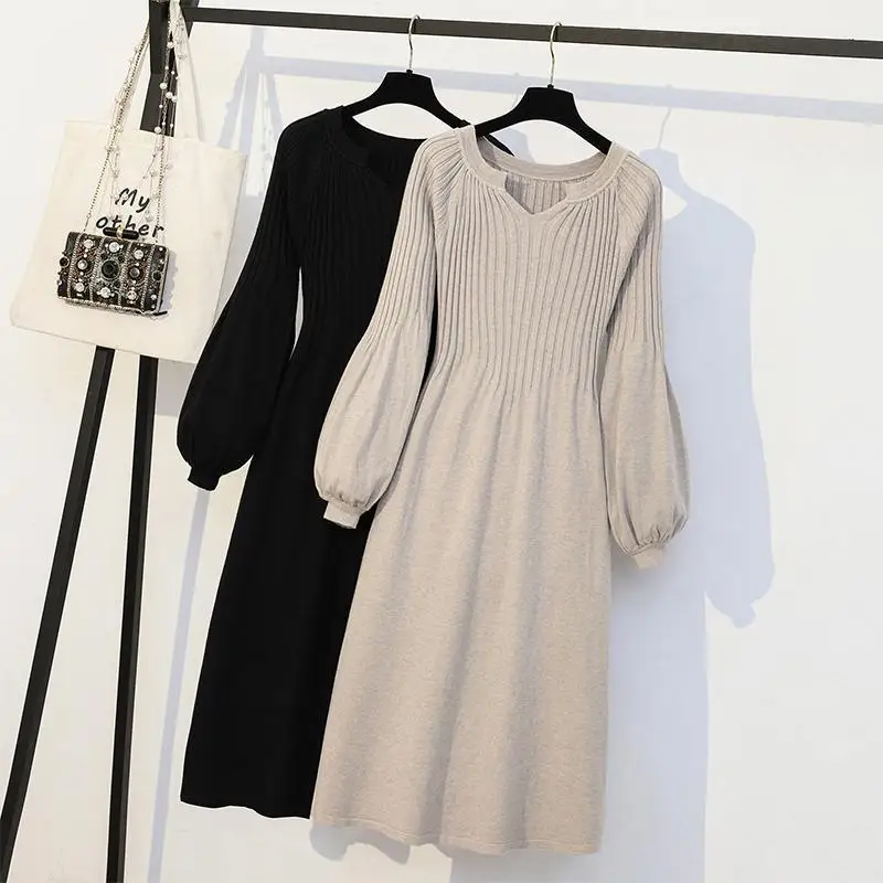 Plus Size Loose Knitted Dress Women\'s Fashion Mid Length Sweater A-line Skirt  2024 Autumn/Winter Thermal Insulation B761