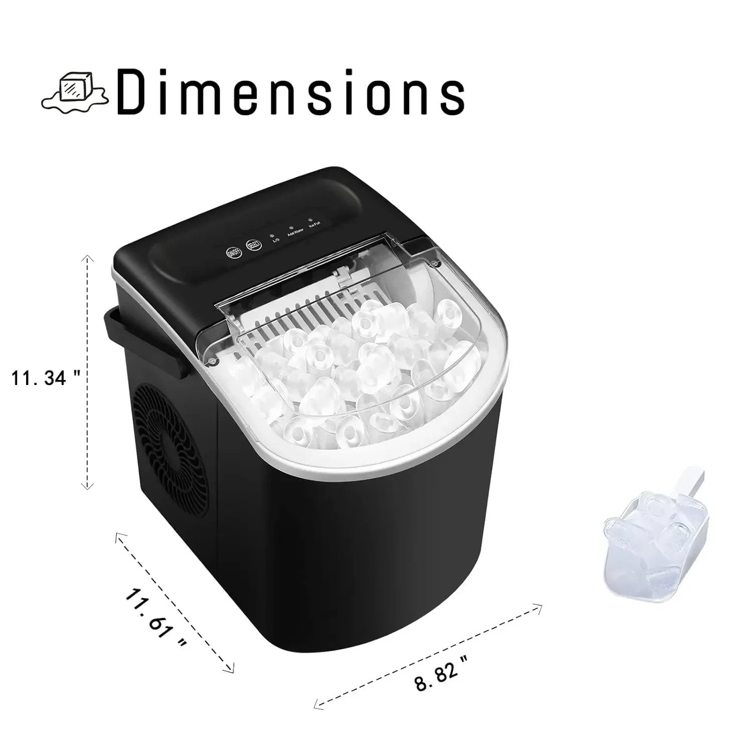 Self-Cleaning Countertop Ice Maker, Máquina de gelo com alça, 2 tamanhos de gelo, 9 cubos de gelo em 6 minutos com S, 26lbs, 24Hrs