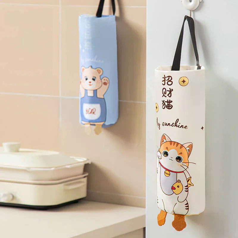 Cartoon Pattern Grocery Bag Holder Bottom Opening Wall Mounted Garbage Bag Organizer Smooth Extraction Space-Saving