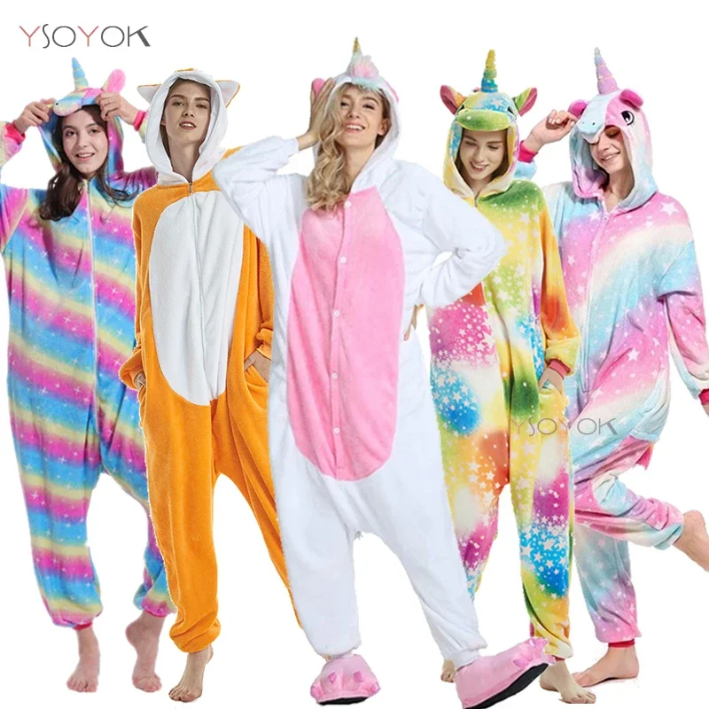 Unicorn Kigurumi Pajamas Onesie Adult Women Animal Pajamas Set Flannel Sleepwear Winter Overalls Jumpsuit Unicornio Cosplay Ropa