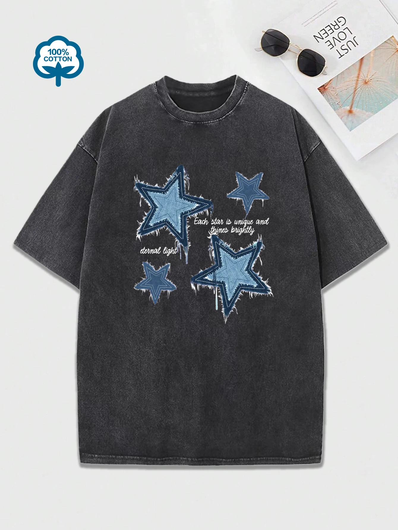 Retro Blue Jean Star Print  Snow Wash T Shirt Woman Y2K Washed Tees O-Neck Casual Short Sleeve All-Match Cotton Womens Clothes