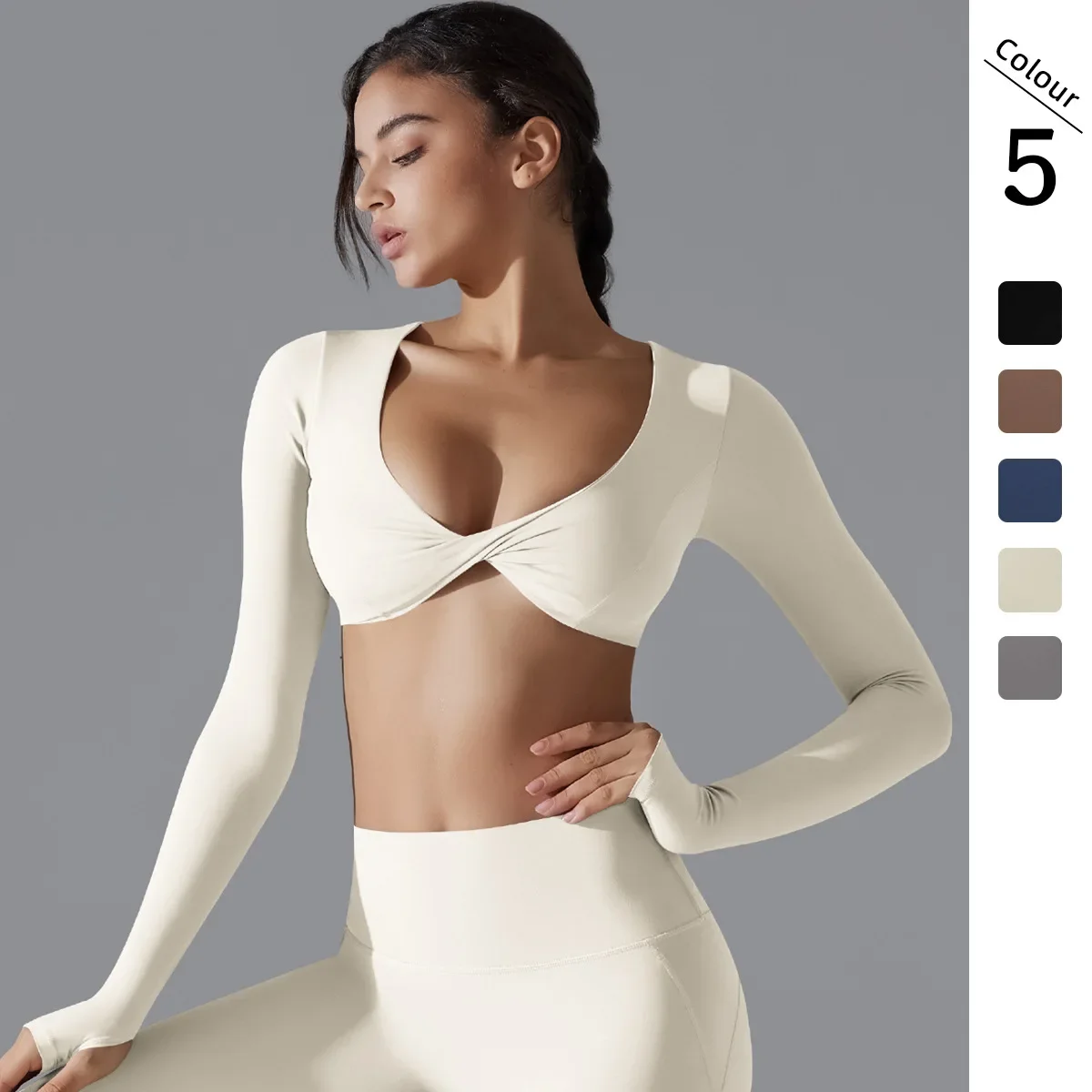 New sports long-sleeved fitness clothes women's deep V-neck slim-fitting breathable ins exposed outdoor yoga clothes short top
