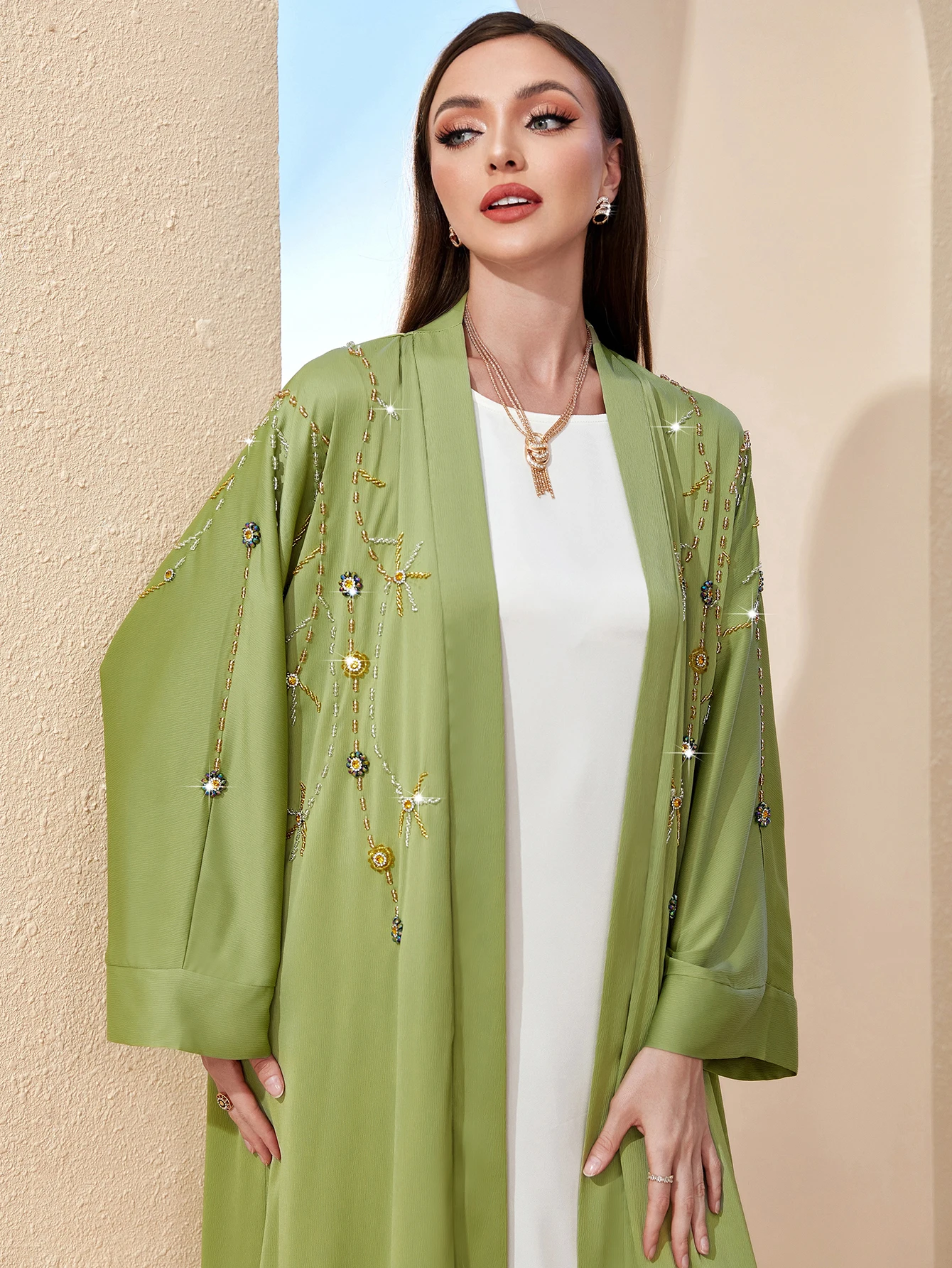 Luxury Middle East Middle Green Muslim Dress for Women Arab Dubai Kimono Abaya Islamic Femme Party Jalabiya Moroccan Kaftan Robe