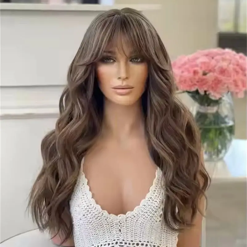 

Ombre Brown Highlights Synthetic HD Lace Front Wig with Bangs For Women Cool Brunette Natural Hairline Lace Wig High Heat Fibre